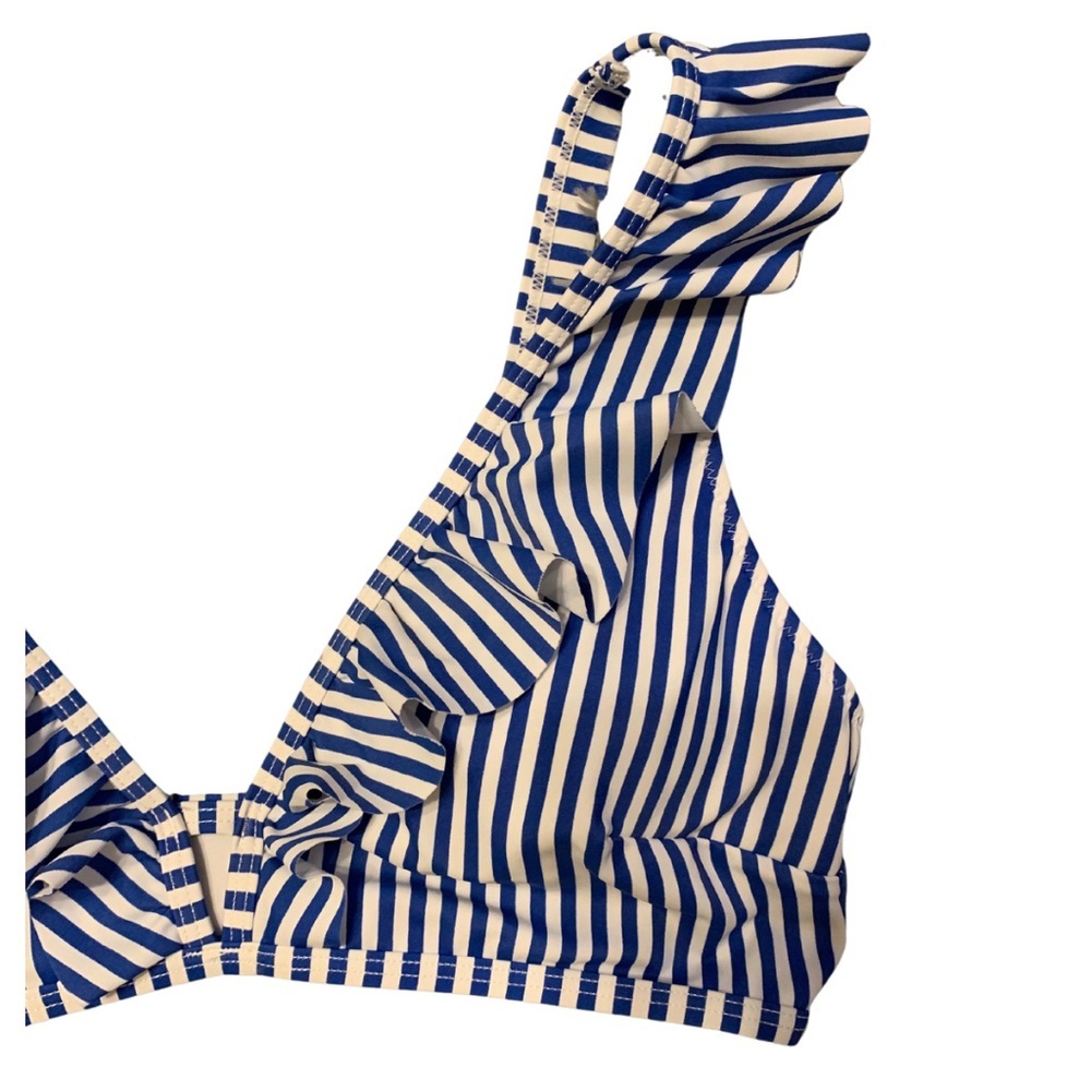 Women’s Navy Blue & White Striped sz L ruffled bikini top w/adjustable straps - Picture 5 of 7